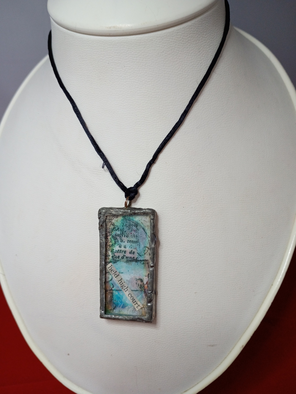 Handmade Rectangular Mixed-Media Pendant Necklace in Teal and Silver
